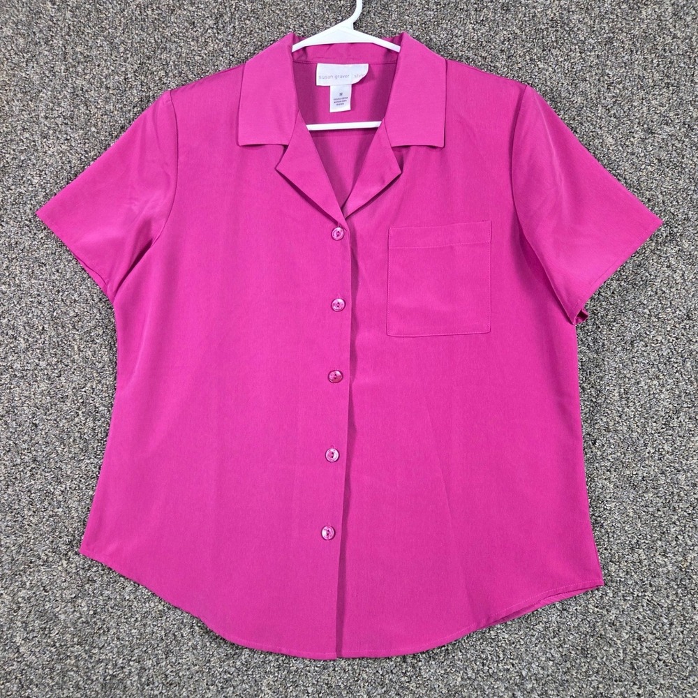 Susan Graver Button Up Blouse Womens Medium Pink Short Sleeve Camp Collar Pocket